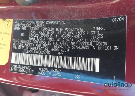 2004 Toyota Highlander z USA, uszkodzony, nr VIN JTEEP21AX40028202